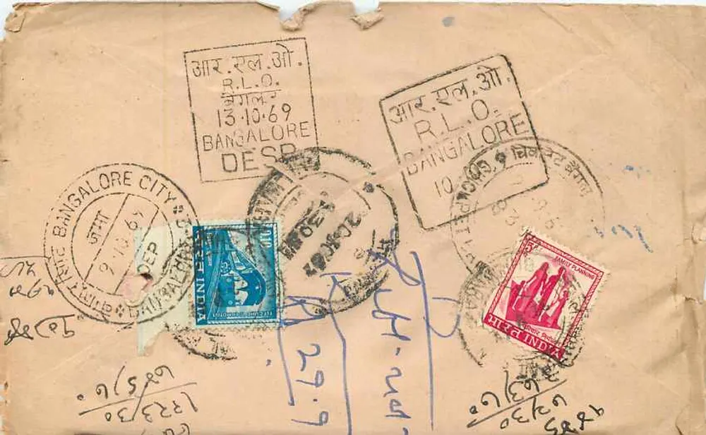 Lettre retournée de Bangalore — Bangalore City — éditeur S.C.P.P. B-2 PTG/68-69 - Verso