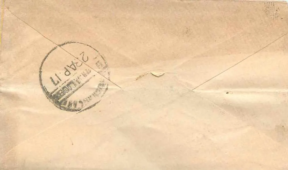 Carta postal de Bombaim — texto manuscrito em tamil e inglês — selo e carimbo de Bombaim - Verso