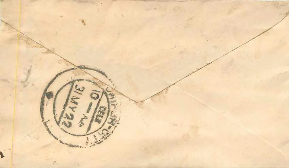 Carta postal indiana — texto em escrita devanagari — selo e carimbo 'HALF ANNA' — Delhi, 10-4-1922 - Verso