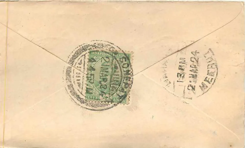 Mangalchau Jagannath, Baraut (Meerut) — carta postal enviada de Pimara, Índia, datada de 2 de março de 1924 - Verso