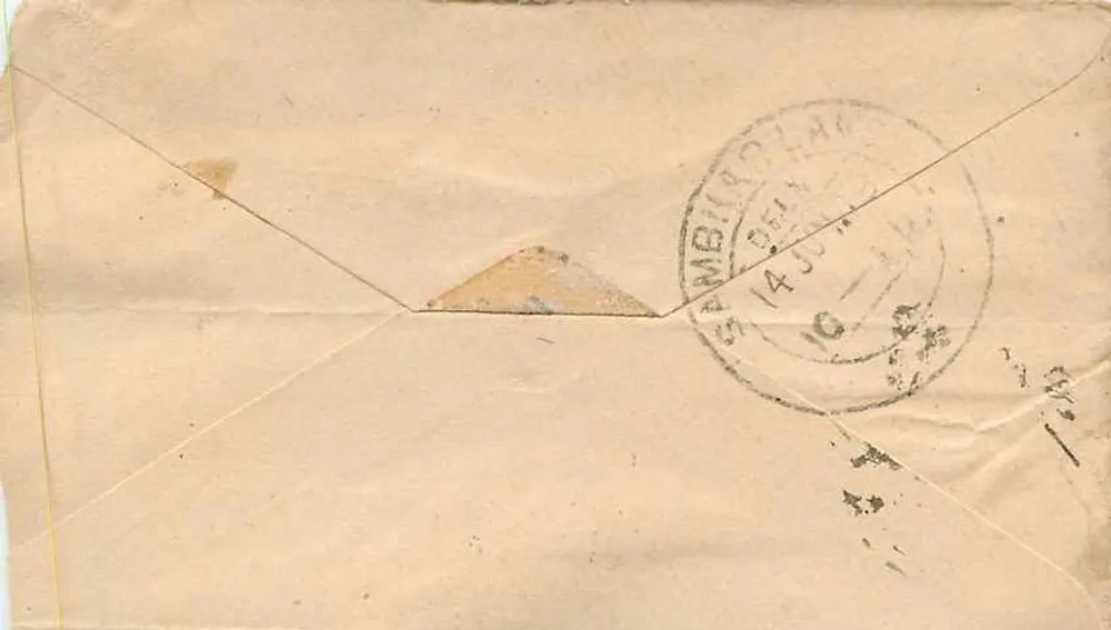 Carta postal — endereço para Ghassiram Munsahiled em Samulbher Lake — selo e carimbo de Halfan - Verso