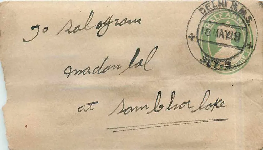 Carta postal de Delhi para Sambhal, Índia — selo e carimbo de Delhi R.M.S. 18 de maio de 1919 - Frente