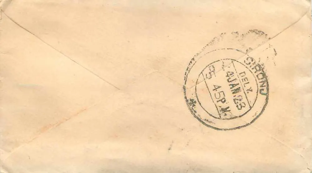 Carta postal enviada de Sironj (Índia) — selo verde 'Half 2½ Annas' e carimbo postal — destinada a Sardar Umar Dos Singh em Bahadurpur - Verso