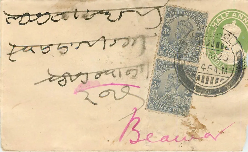 Carta postal indiana — selos de 3 p. e carimbo 'HALF ANN' — destinatário 'Beaumar' em Delhi - Frente