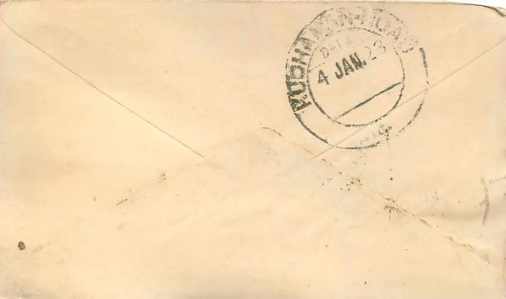 Kuchaman — Índia — selo de ½ anna e carimbo postal - Verso