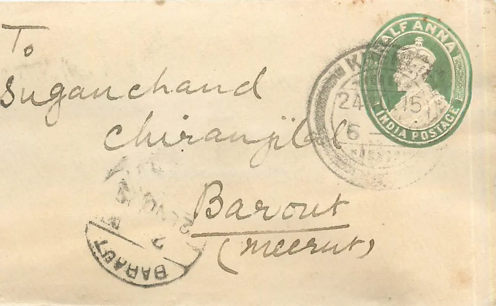 Carta postal indiana — Baraut (Meerut) — selo verde ½ anna e carimbo de data - Frente