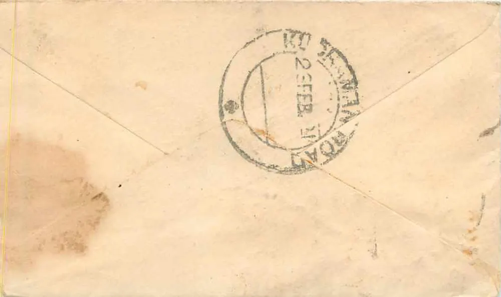 Mangilall Champhalau — Rio Kuchaman (Tambler) — Índia, selo verde 'HALF ANNA' e carimbo postal - Verso