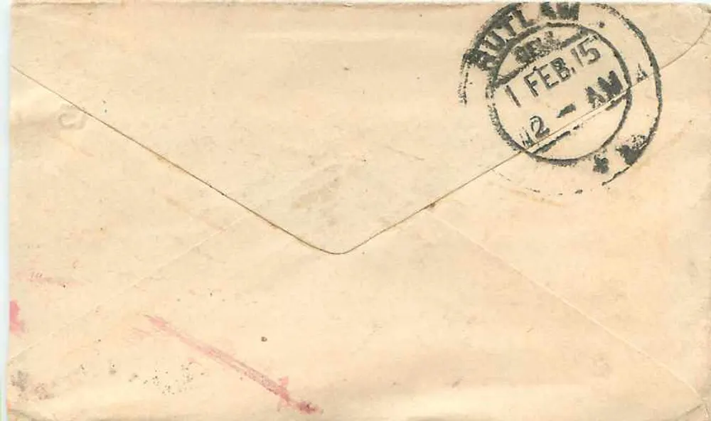 Rutland (Malica) — Carta datada 30 de janeiro de 1915 — Timbre postal indiano - Verso