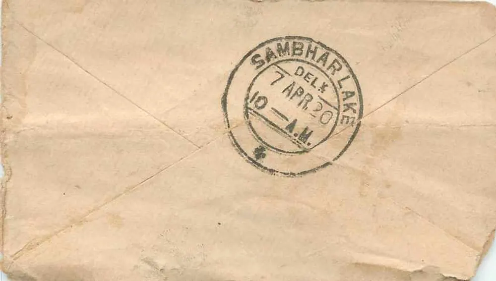 Lago Sambhar — Sambhar — Post Office de Sambhar Lake — 5 e 7 de abril de 1920 - Verso