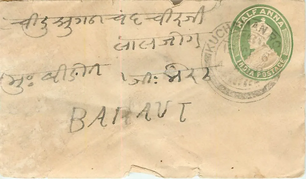 Banaraut — carta postal enviada de Kuchchh, Índia — selo verde 'Half Anna' e carimbo 'India Postage' - Frente
