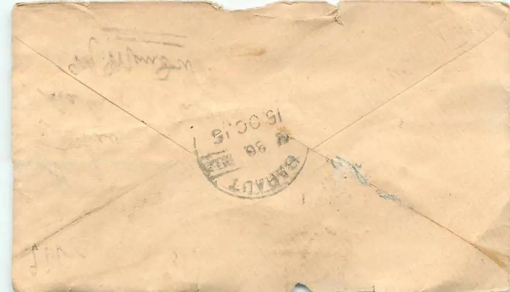 Banaraut — carta postal enviada de Kuchchh, Índia — selo verde 'Half Anna' e carimbo 'India Postage' - Verso