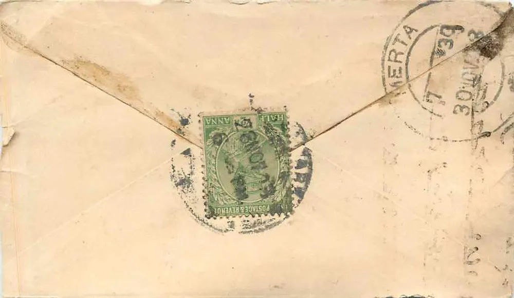Carte postale italiana — escrita em escrita devanagari — selo 1 anna — datação MERTA 30 NOV 1939 - Verso