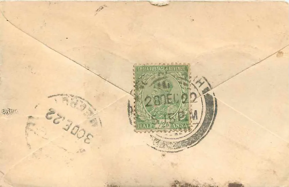 Hammam - Baraut - Chiranjilal - Índia — carta postal datada 28 de dezembro de 1922 - Verso