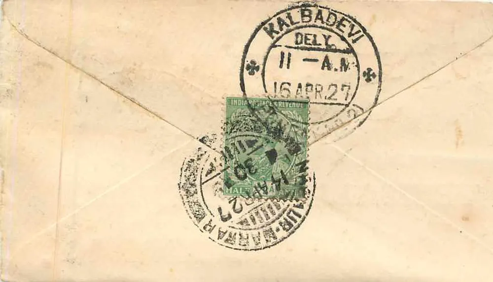 Bombay — Kalbadevi — Tejmall Jaikishan — selo e carimbos postais - Verso