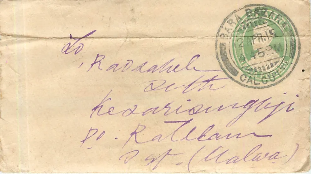 Carta postal destinada a Raddasul, Delhi — selo e carimbo de Bara Bazar, Calcutta - Frente