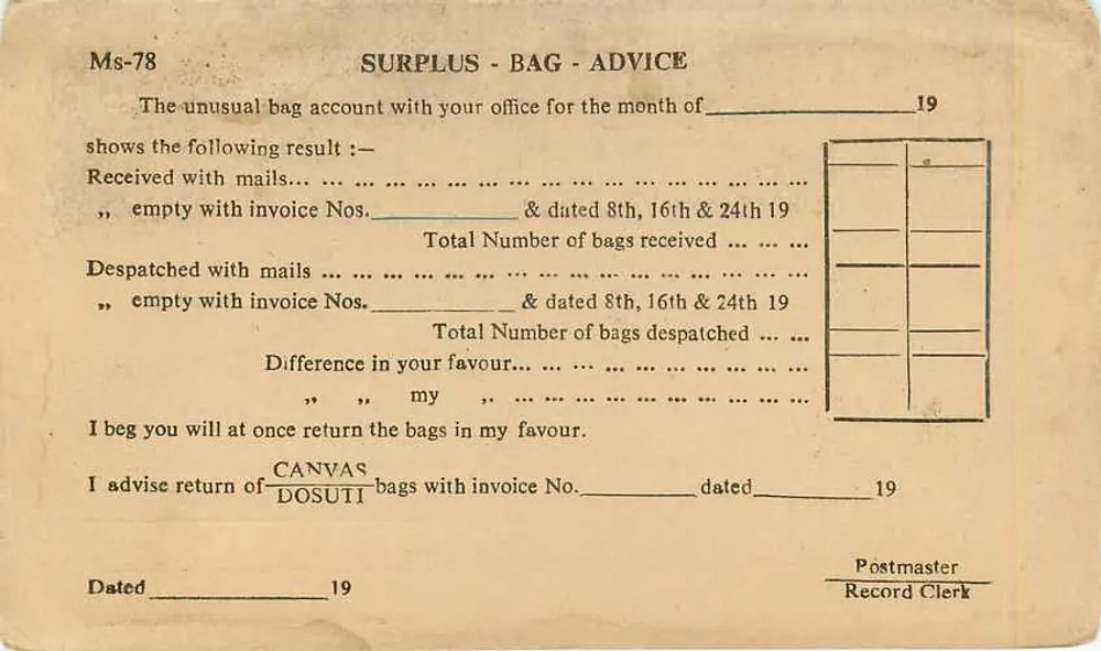 Carta de serviço — Indian Posts & Telegraphs Department — Ms-78 - Verso