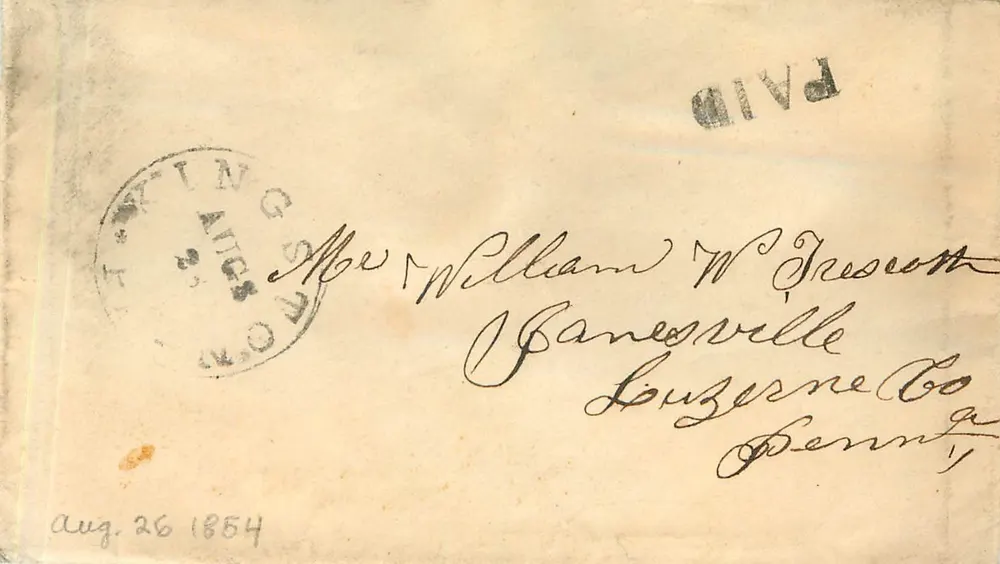 Carte postale vers 1854 — Washington, D.C. — destinée à William W. Prescott à Canonsville, Luzerne Co, Pennsylvanie - Recto