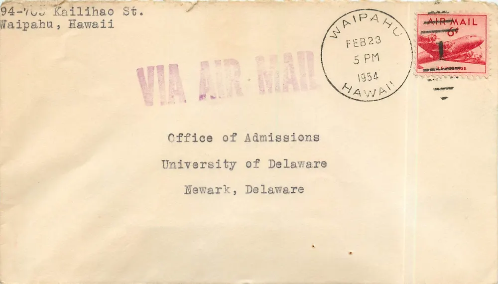 Waipahu, Hawaii — Luftpostumschlag an die Universität Delaware — 6-Cent-Flugzeug-Stempel - Vorderseite