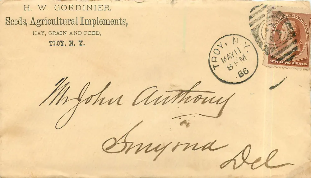 Troy, N.Y. — H. W. Gordinier, Seeds, Agricultural Implements — timbre 2 cents - Recto