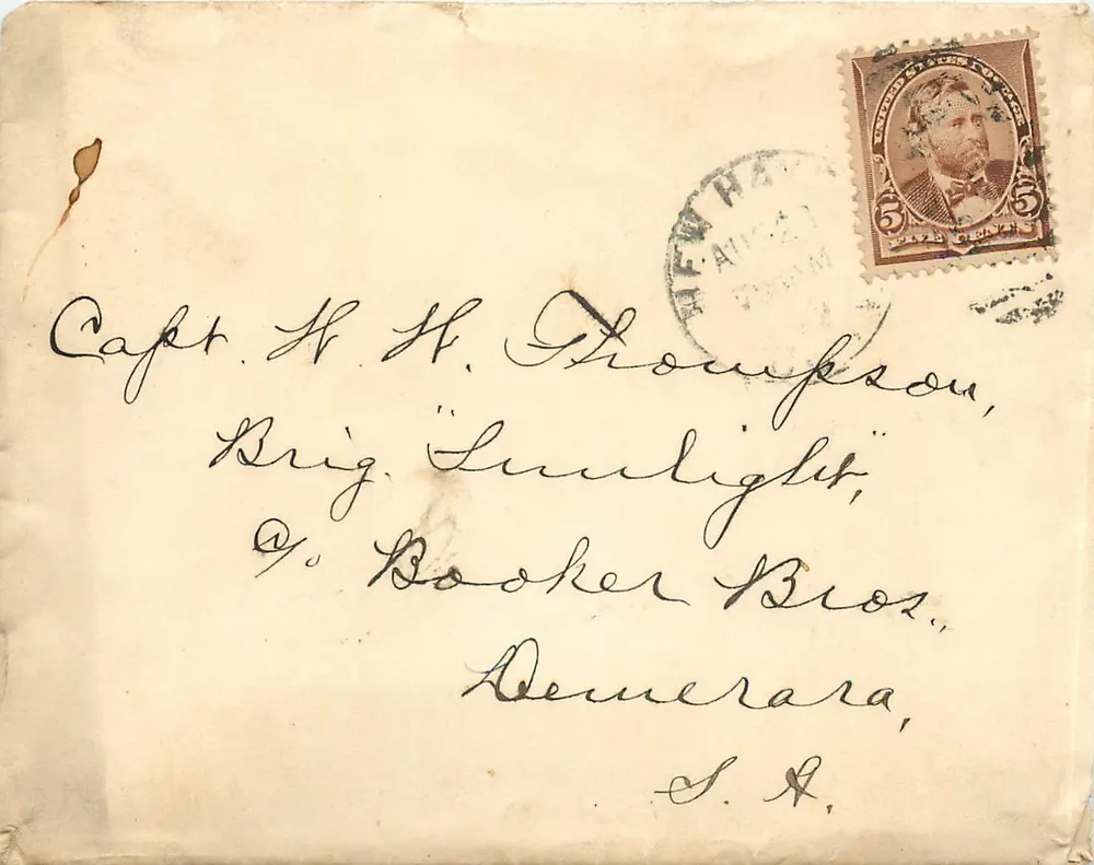 Carta postal destinada ao capitão H. H. Thompson — Brigue 'Sunlight' — Demerara, S. A. - Frente
