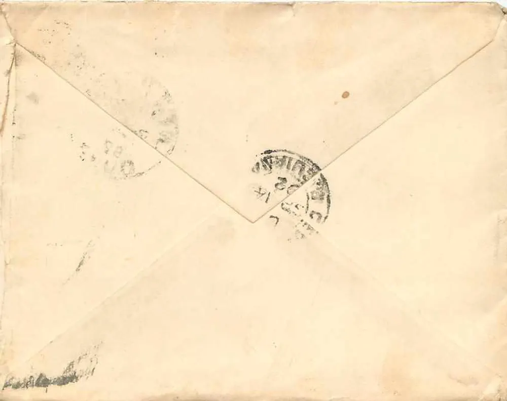 Carta postal destinada ao capitão H. H. Thompson — Brigue 'Sunlight' — Demerara, S. A. - Verso