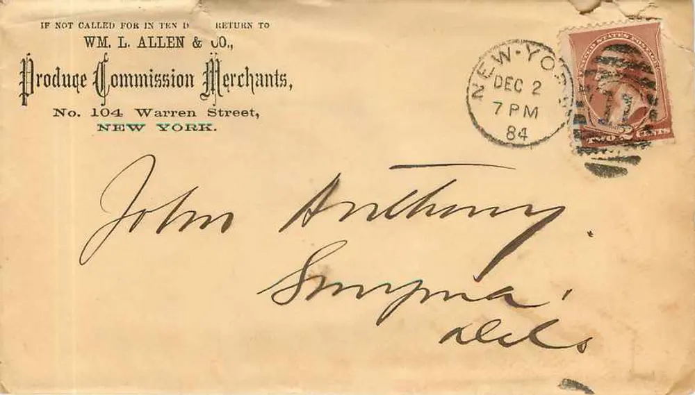 New York — Lettre à John Anthony à Smyrna — WM. L. ALLEN & CO., Produce Commission Merchants, No. 104 Warren Street - Recto