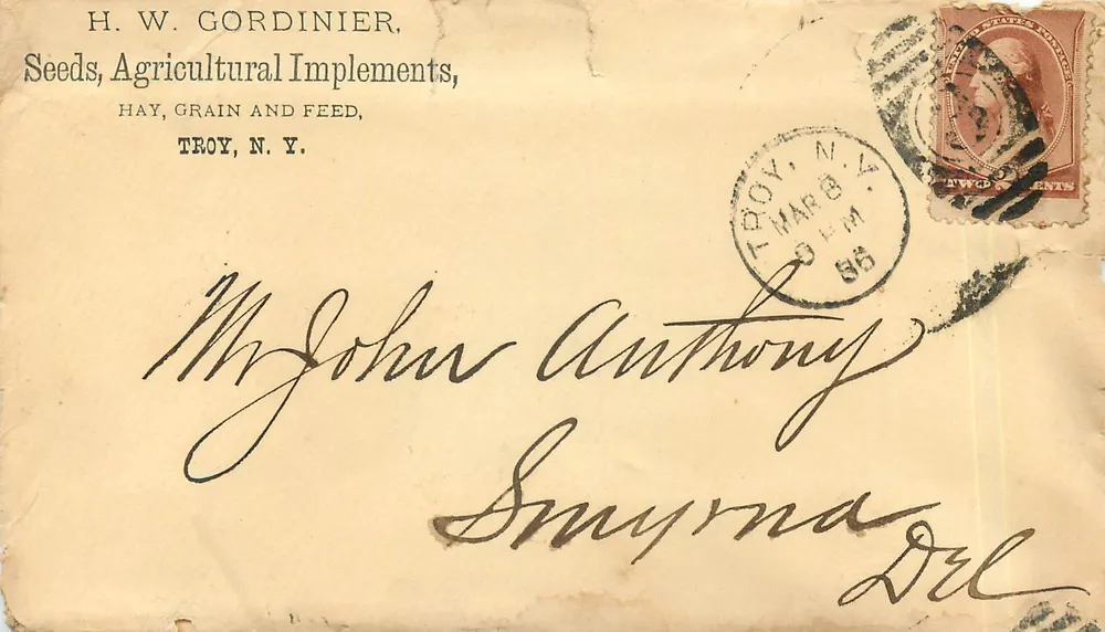 Troy, N.Y. — Brief an Herrn John Anthony nach Smyrna, Del. — H. W. Gordinier, Samen, Landwirtschaftliche Geräte, Heu, Getreide und Futter, Troy, N.Y. - Vorderseite