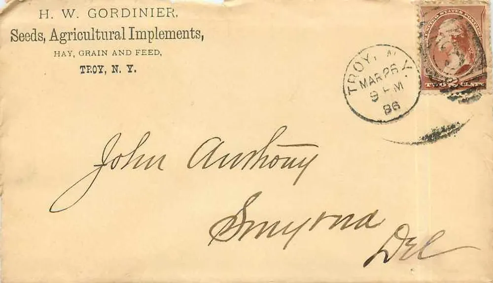Troy, N.Y. — H. W. Gordinier, Seeds, Agricultural Implements — 2-Cent-Stempel und Poststempel Troy, N.Y. 9-M 86 - Vorderseite