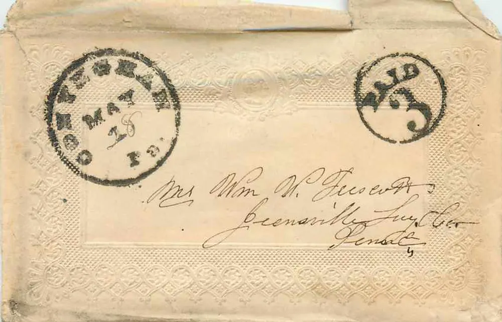 Postcard addressed to Mrs. Winn W. Fiscoe at Greensville, Fayette County, Pennsylvania — Postmark and stamp from Wyegham, 28 May 1863 - Front