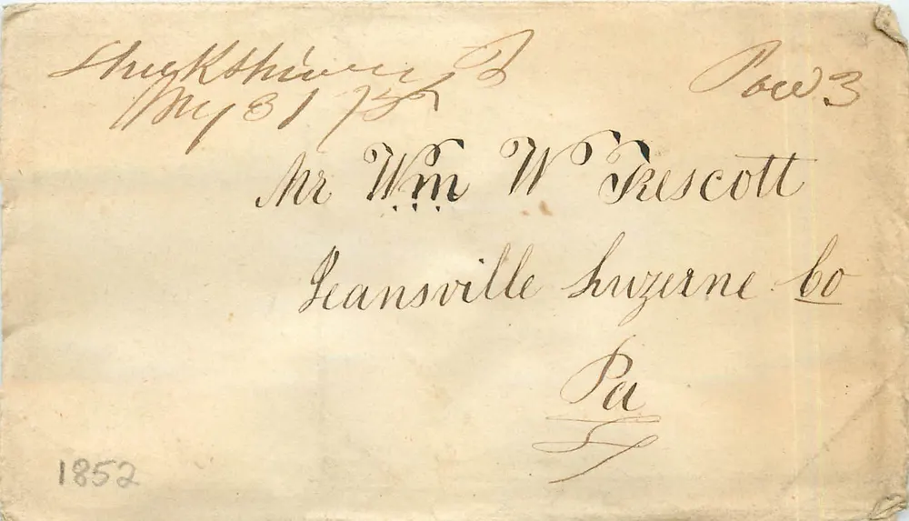 Cartolina postale manoscritta — indirizzo a Mr Wm W Prescott a Leansville, Luzerne Co, Pa — datata 1852 - Recto