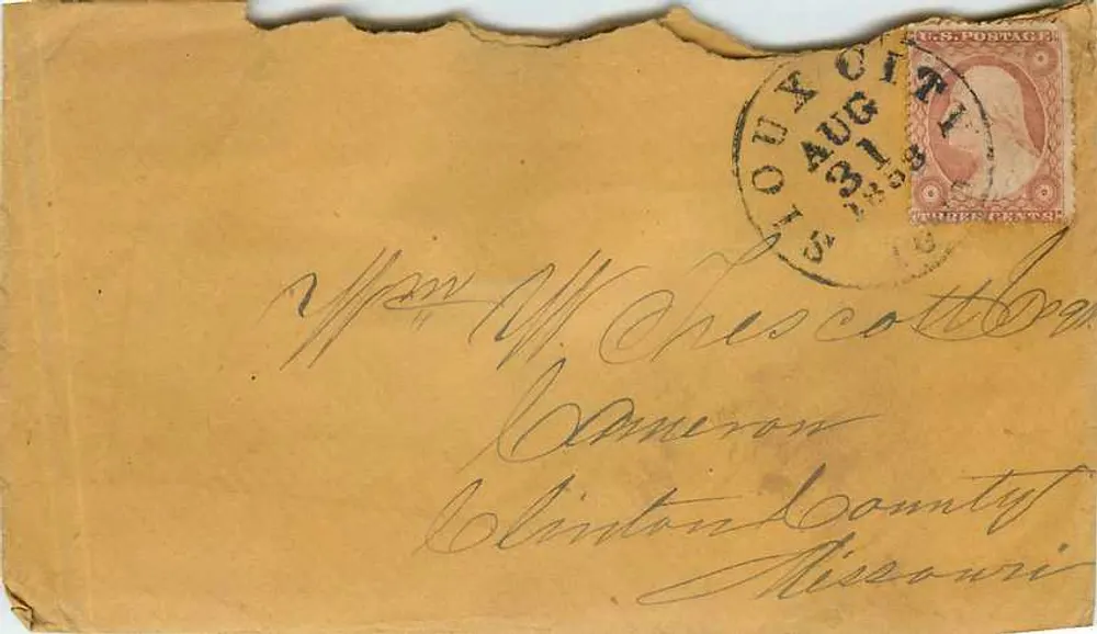Enveloppe postale — Missouris — timbre 3 cents et cachet de Louisbourg, 31 août 1859 - Recto