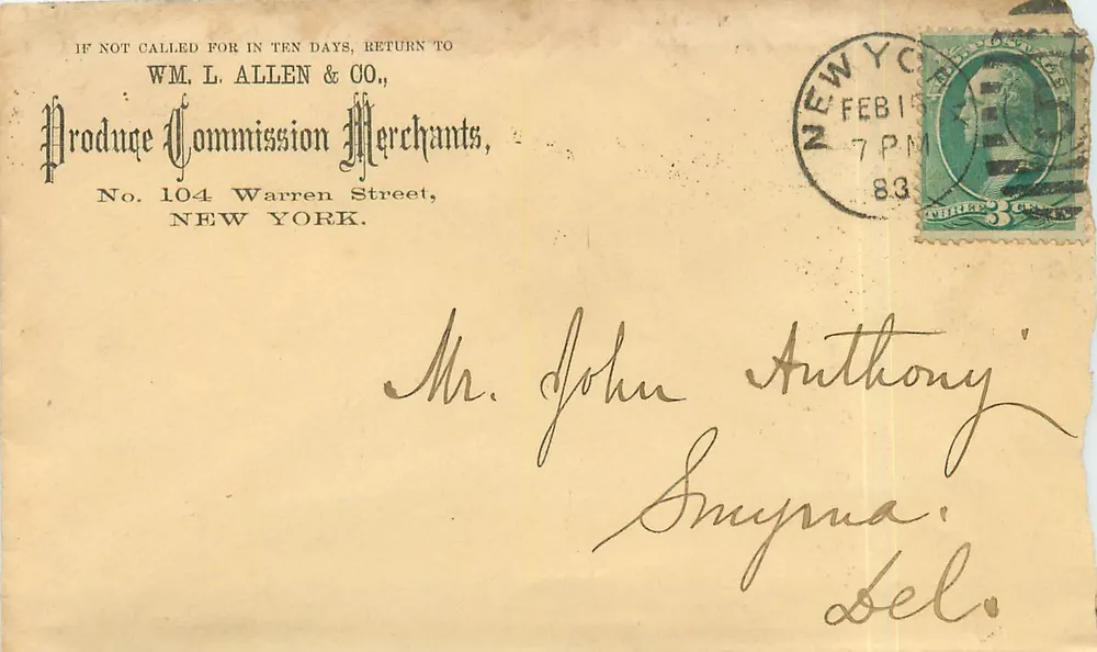 New York — Carta para Mr. John Anthony en Smyrna, Delaware — WM. L. ALLEN & CO., comisionistas - Anverso