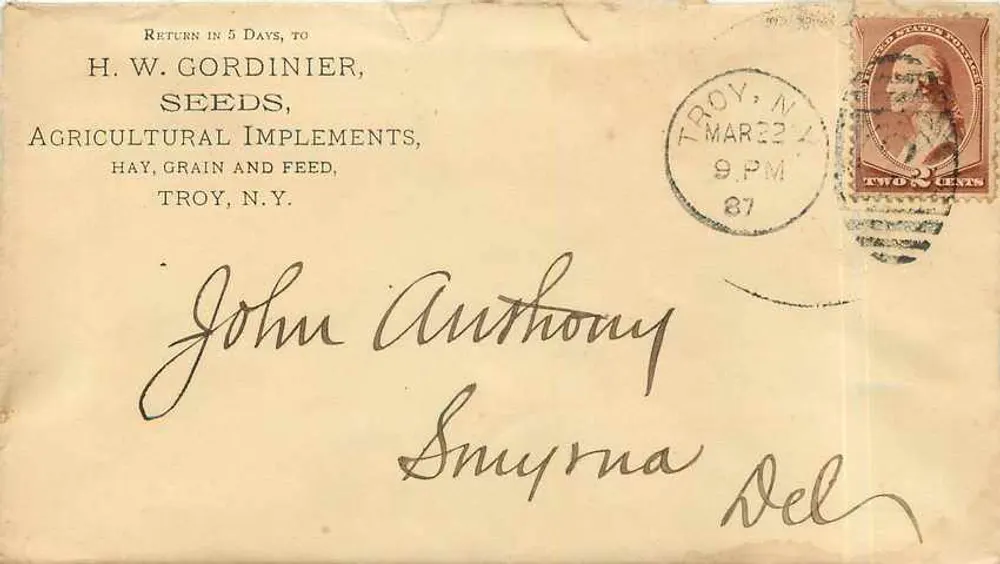 Troy, N.Y. — Brief an John Anthony nach Smyrna, Delaware — H.W. Gordinier, Seeds, Troy, N.Y. - Vorderseite