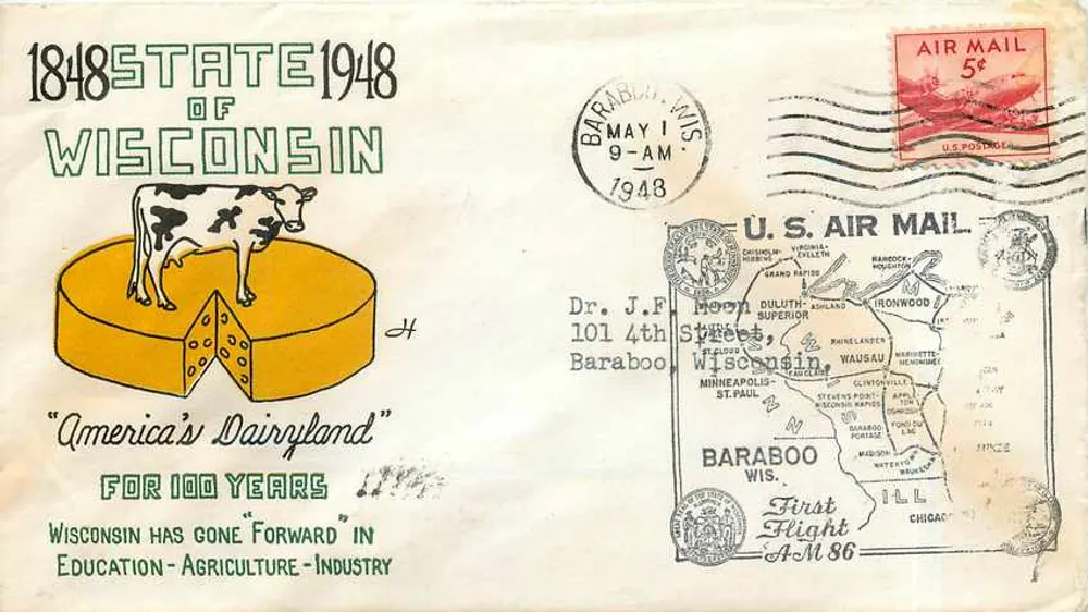 Wisconsin — 1848-1948 Centennial — U.S. Air Mail - Recto