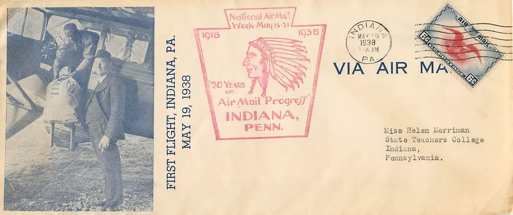 Erster Flug, Indiana, Pennsylvania — National Air Mail Week 1938 — Verlag nicht sichtbar - Vorderseite