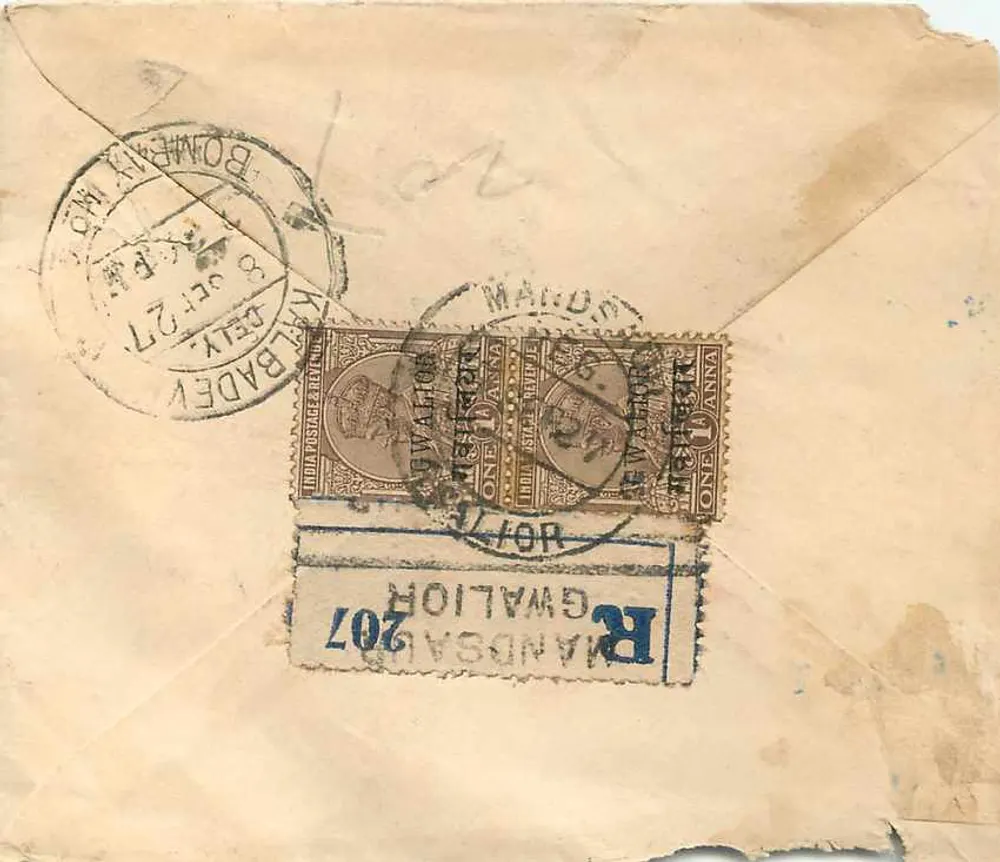 Carta recomendada — Gwalior, Índia — editor: India Postage - Verso