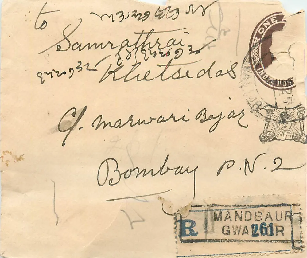 Bombay — Carta para Samrathrai Khetsedas em Marwarari Bojar — Mandasaur, Índia - Frente