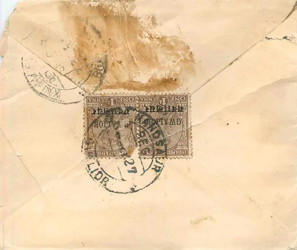 Bombay — Gwalior — Mandasaur — Correspondência para Samrgathrai - Verso