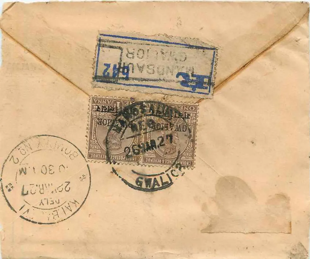 Bombay — Gwalior — Kalyan — Correspondência registrada — Gwalior, 29.03.1927 - Verso