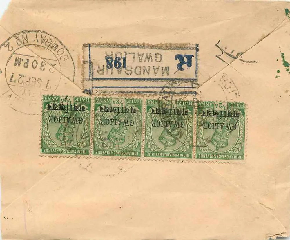 Bombay - Mandsaur - Gwalior - Carta certificada alrededor de 1908 - Reverso
