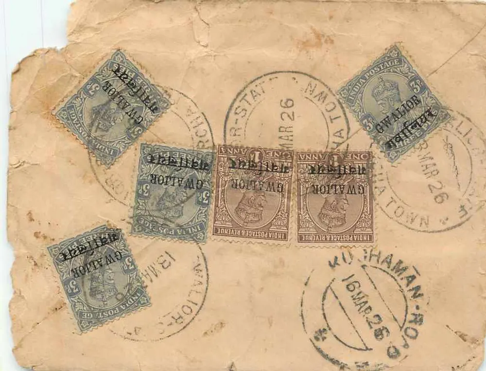 Gwalior Town — carta postal com selos e carimbos — Editor: Gwalior State Postage - Verso