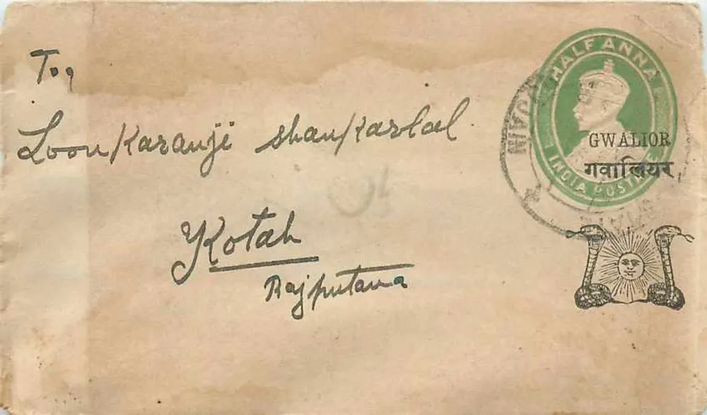 Gwalior — carta postal destinada a Kotah, Rajputana — selo verde 'Half Anna' e carimbo postal - Frente