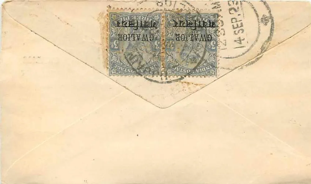 Gwalior — Carta postal datada 14 de setembro de 1923 — editor Gwalior Postage - Verso