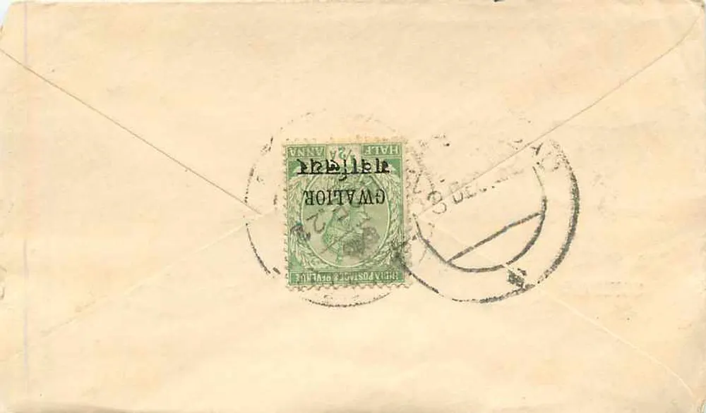 Gwalior — carta postal destinada a Ramakrishna em Marwar — selo de 1/2 anna e carimbo postal - Verso