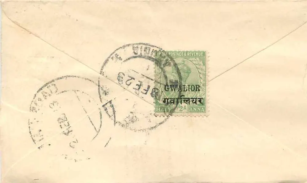 Gwalior — carta postal com selo e carimbo postal — editor Gwalior Post Office - Verso