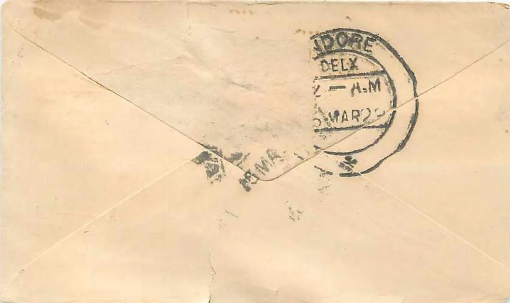 Gwalior — carta para Delhi — selo Half Anna e carimbo Gwalior - Verso
