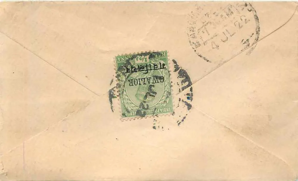 Gwalior — postcard with 1/2 anna stamp — publisher Gwalior - Back