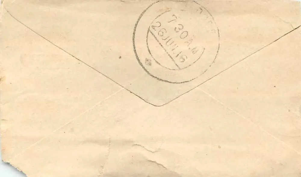 Postcard of Gwalior — Indore : Malwa — Half-annual stamp and postmark - Back