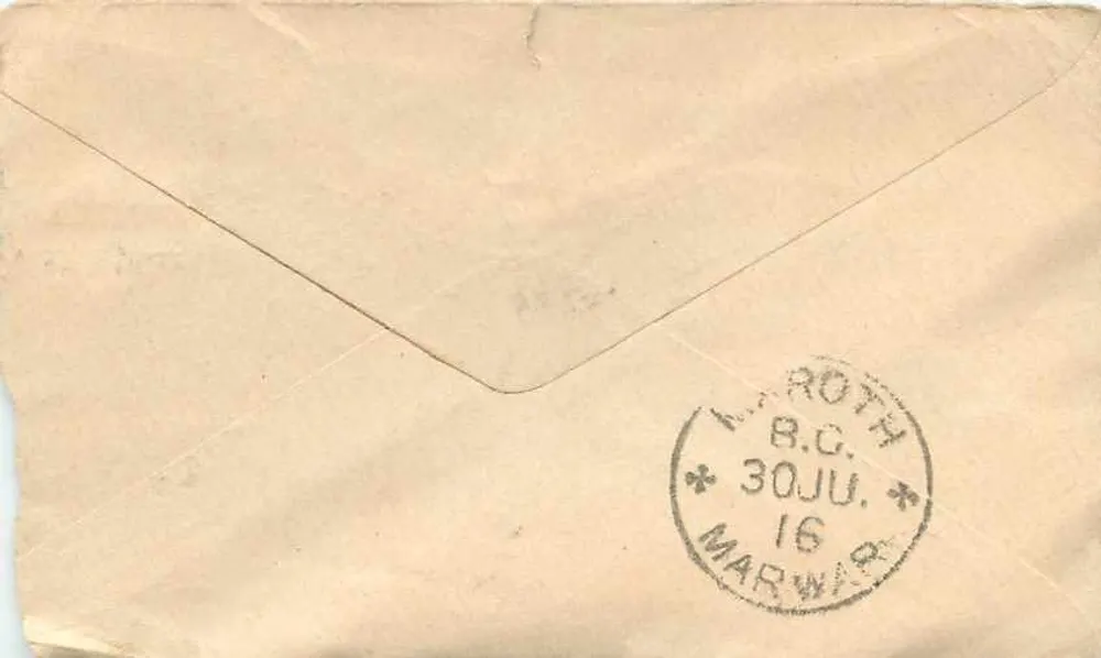 Maroth — Gwalior — correspondência para Marwar — selo ½ anna - Verso