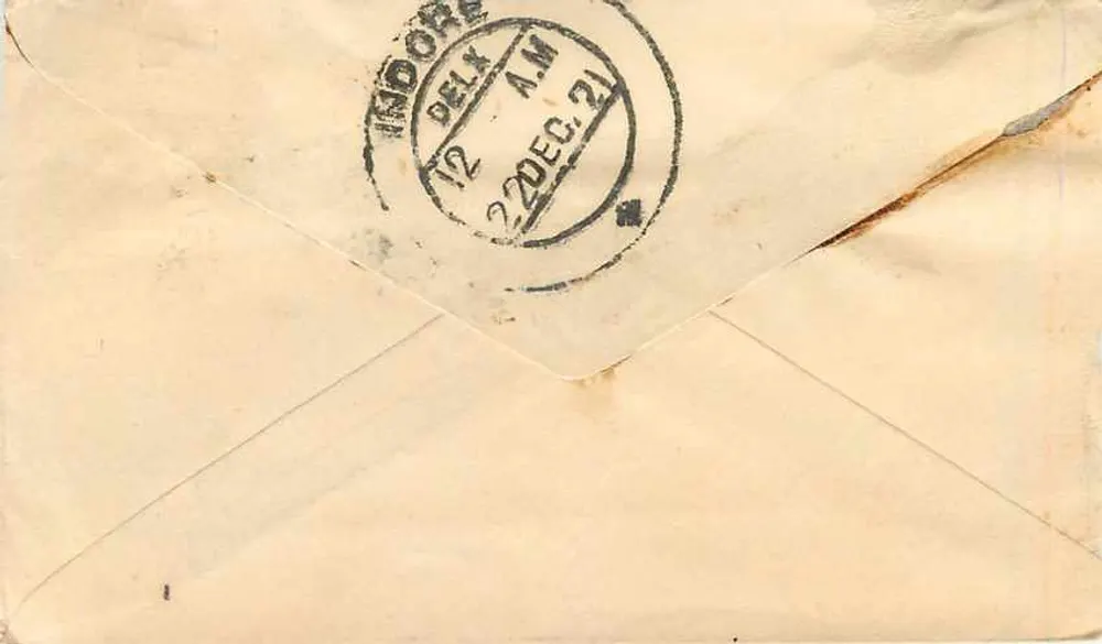 Indore — Gwalior — carta postal com selo e carimbo de Indore - Verso